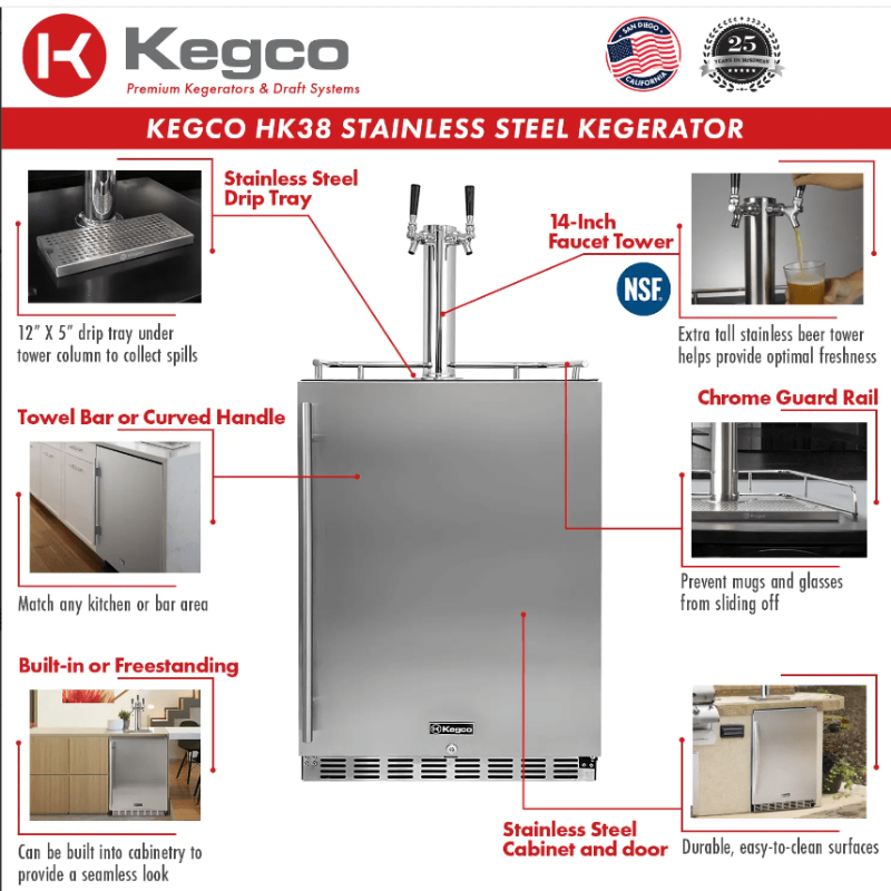 Kegco 24" Wide Dual Tap All Stainless Steel Outdoor Built-In Left Hinge Kegerator with Kit - features of kegerator