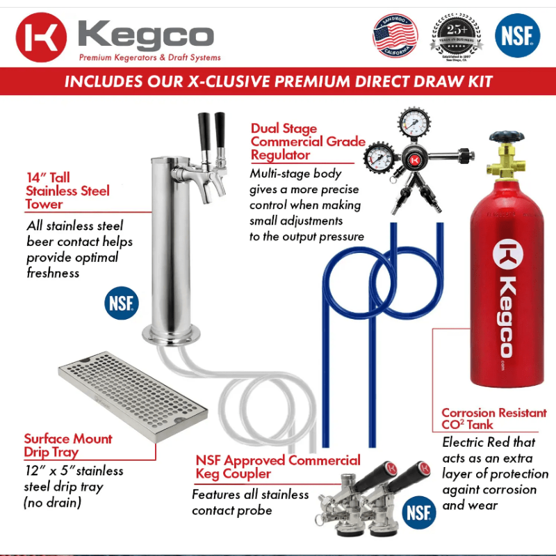 Kegco 24" Wide Dual Tap All Stainless Steel Outdoor Built-In Left Hinge Kegerator with Kit - draw kit