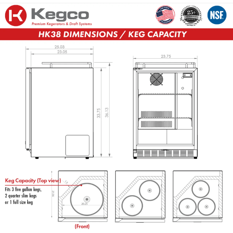 Kegco 24" Wide Dual Tap All Stainless Steel Outdoor Built-In Left Hinge Kegerator with Kit - keg capacity