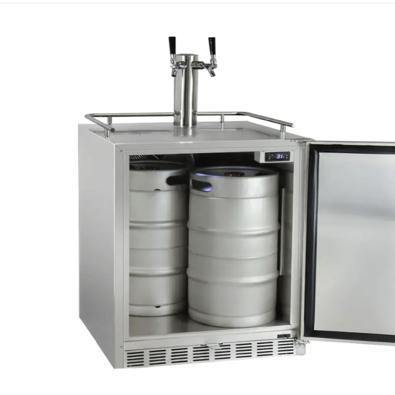 Kegco 24" Wide Dual Tap All Stainless Steel Outdoor Built-In Left Hinge Kegerator with Kit - door open with kegs inside