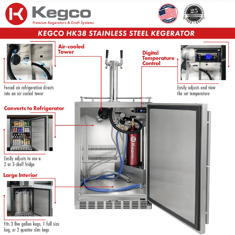 Kegco 24" Wide Dual Tap All Stainless Steel Outdoor Built-In Right Hinge Kegerator with Kit - features of kegerator