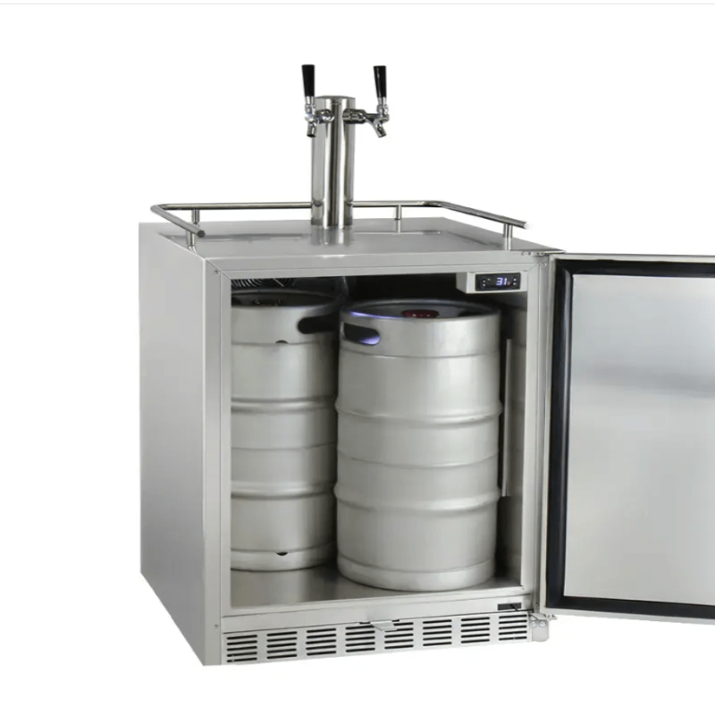 Kegco 24" Wide Dual Tap All Stainless Steel Outdoor Built-In Right Hinge Kegerator with Kit - open door with kegs inside