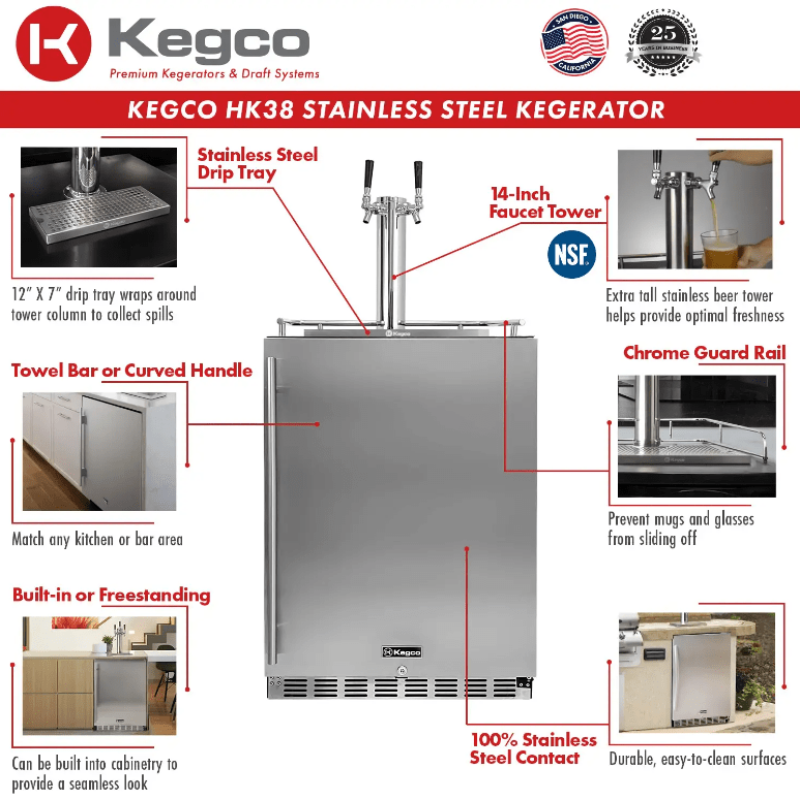 Kegco 24" Wide Dual Tap Stainless Steel Built-In Left Hinge Kegerator With Kit - key features