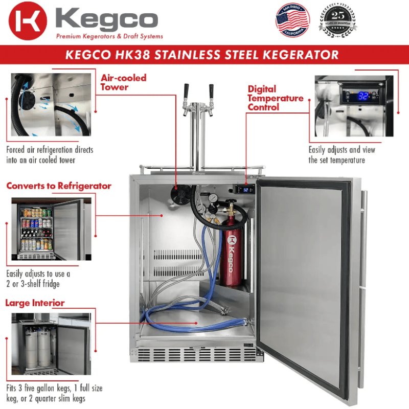 Kegco 24" Wide Dual Tap Stainless Steel Built-In Left Hinge Kegerator With Kit - features