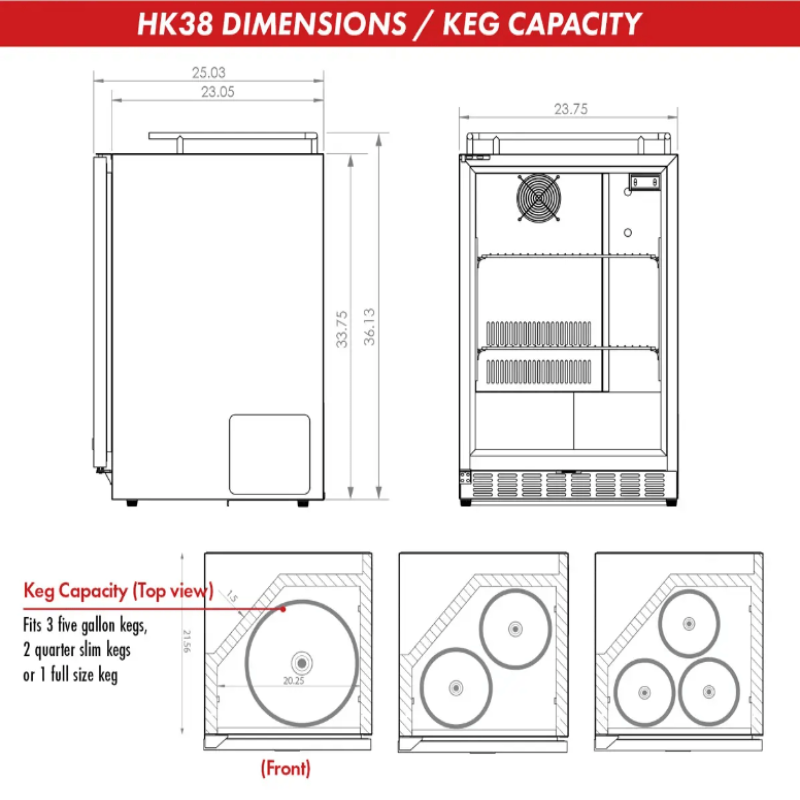 Kegco 24" Wide Dual Tap Stainless Steel Built-In Left Hinge Kegerator With Kit - dimensions and capacity