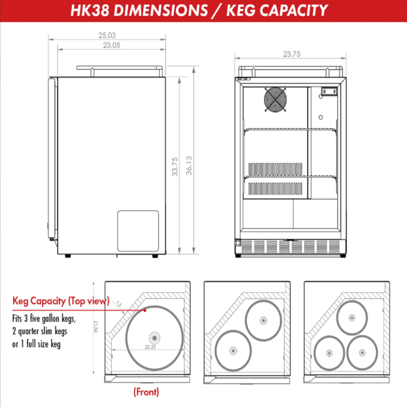 Kegco 24" Wide Dual Tap Stainless Steel Built-In Right Hinge Kegerator With Kit - dimensions and keg capacity