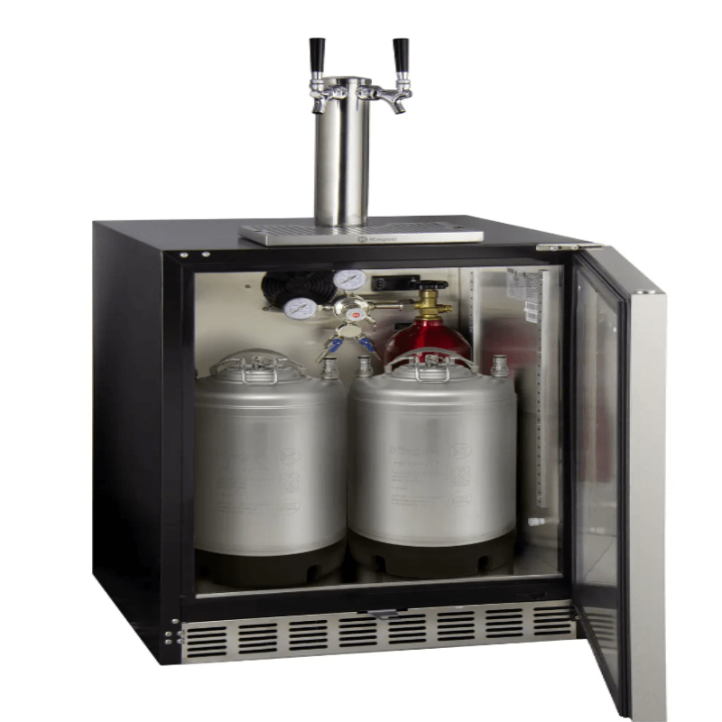 Kegco 24" Wide Dual Tap Stainless Steel Left Hinge Built-in ADA Kegerator with Kit - door open showing two kegs