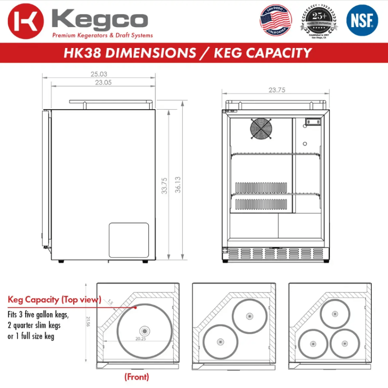 Kegco 24" Wide Single All Stainless Steel Outdoor Built-In Left Hinge Kegerator with Kit - keg capacity