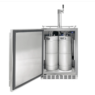 Kegco 24" Wide Single All Stainless Steel Outdoor Built-In Left Hinge Kegerator with Kit - door open with kegs inside