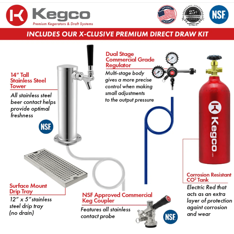 Kegco 24" Wide Single Tap All Stainless Steel Outdoor Built-In Right Hinge Kegerator with Kit - draw kit