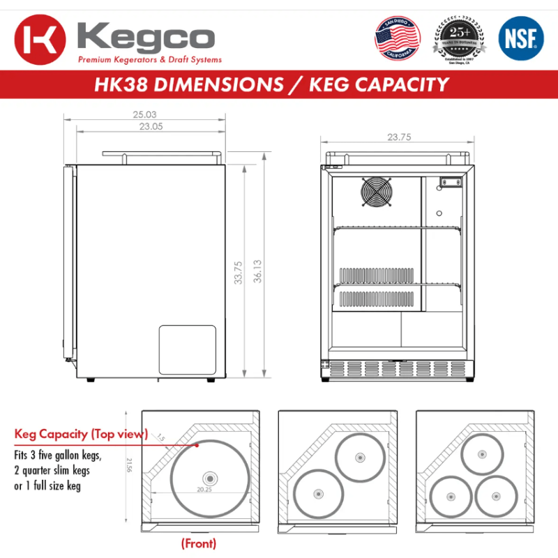 Kegco 24" Wide Single Tap All Stainless Steel Outdoor Built-In Right Hinge Kegerator with Kit - dimensions and keg capacity