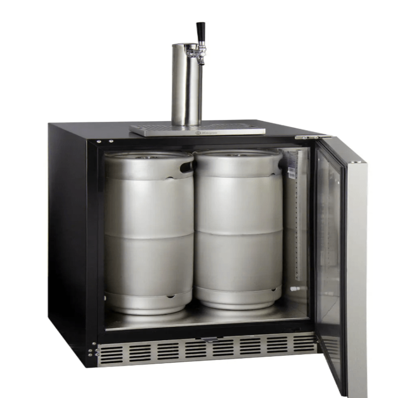 Kegco 24" Wide Single Tap Stainless Steel Built-In Left Hinge ADA Kegerator with Kit - door open with kegs inside