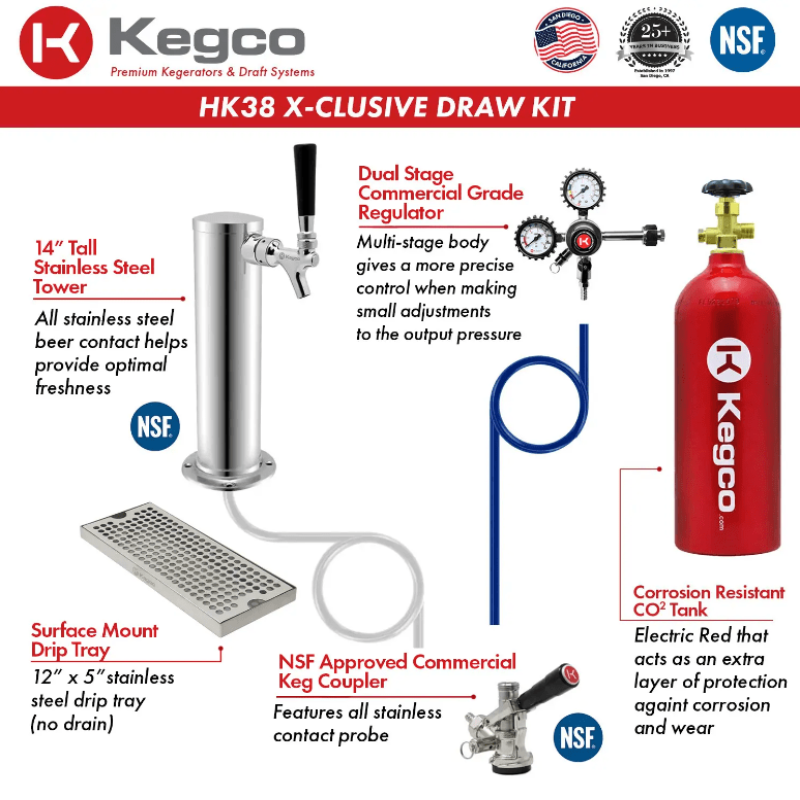 Kegco 24" Wide Single Tap Stainless Steel Built-In Left Hinge Kegerator with Kit - draw kit