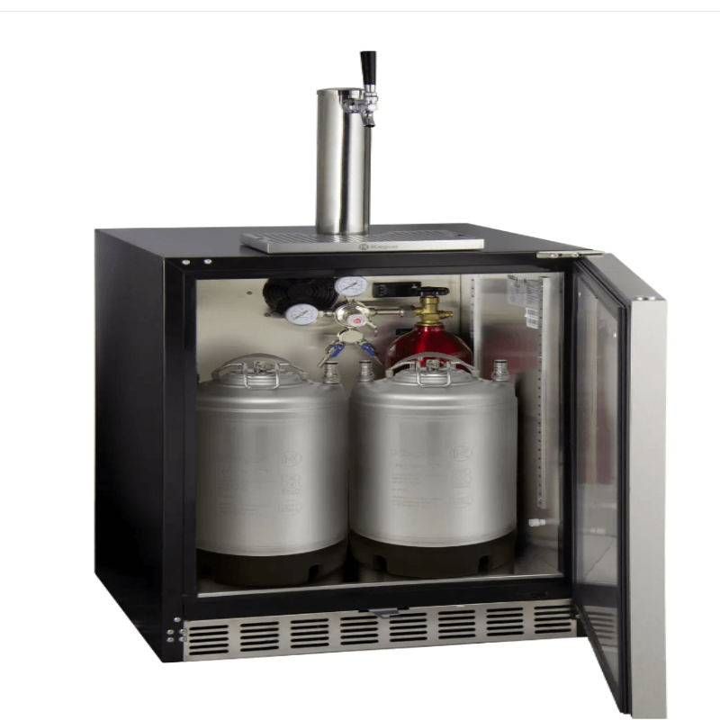 Kegco 24" Wide Single Tap Stainless Steel Built-In Right Hinge ADA Kegerator with Kit - door open with 2 kegs inside