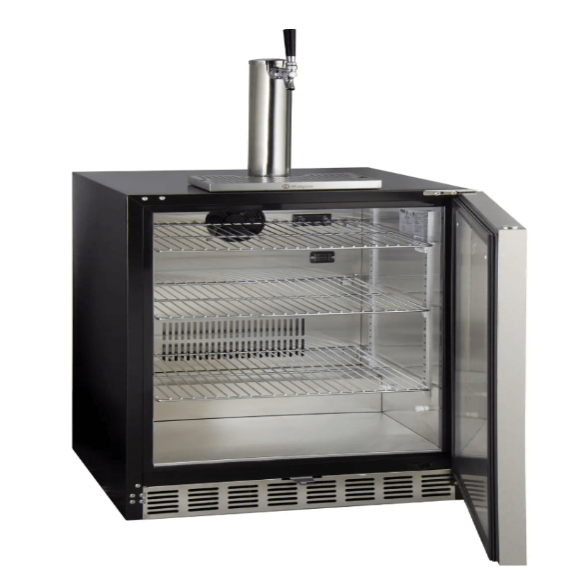 Kegco 24" Wide Single Tap Stainless Steel Built-In Right Hinge ADA Kegerator with Kit - door open showing shelves