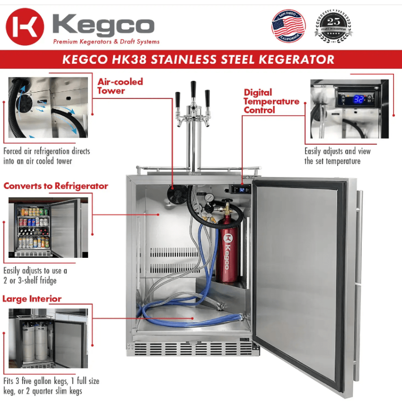 Kegco 24" Wide Triple Tap All Stainless Steel Outdoor Built-In Left Hinge Kegerator with Kit - features of kegerator