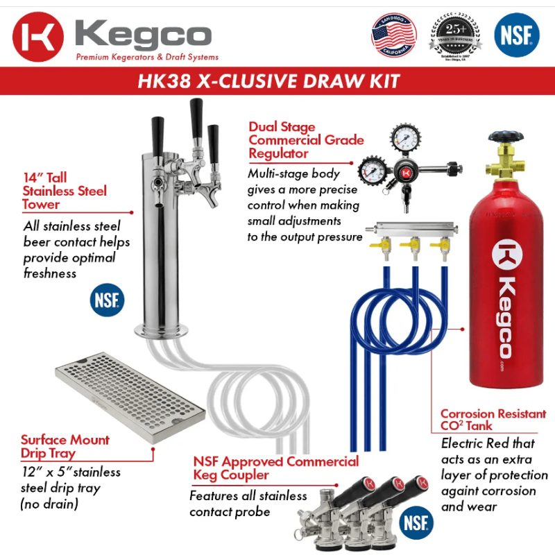 Kegco 24" Wide Triple Tap All Stainless Steel Outdoor Built-In Left Hinge Kegerator with Kit - draw kit