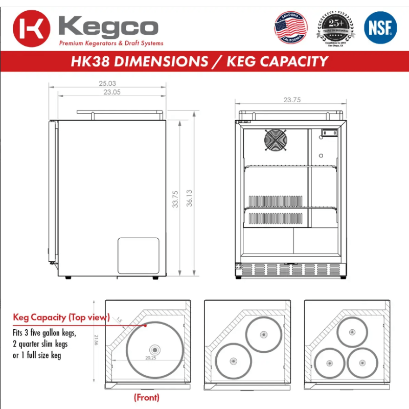 Kegco 24" Wide Triple Tap All Stainless Steel Outdoor Built-In Left Hinge Kegerator with Kit - dimensions and keg capacity