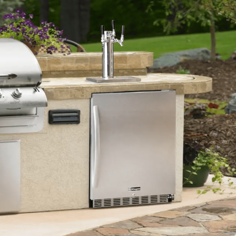 Kegco 24" Wide Triple Tap All Stainless Steel Outdoor Built-In Right Hinge Kegerator with Kit - built into outdoor kitchen