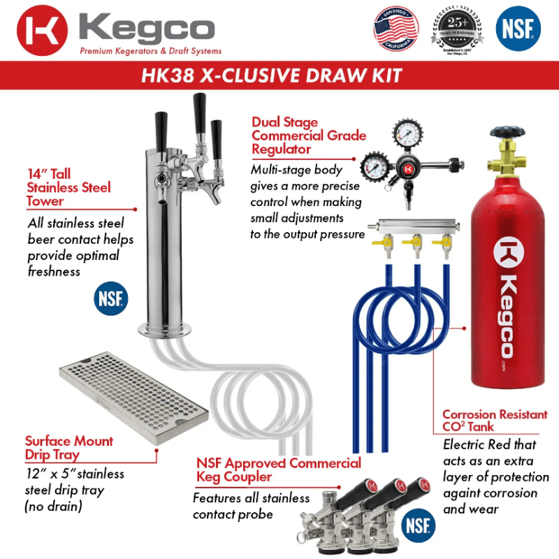 Kegco 24" Wide Triple Tap Stainless Steel Built-In Left Hinge Kegerator with Kit - draw kit