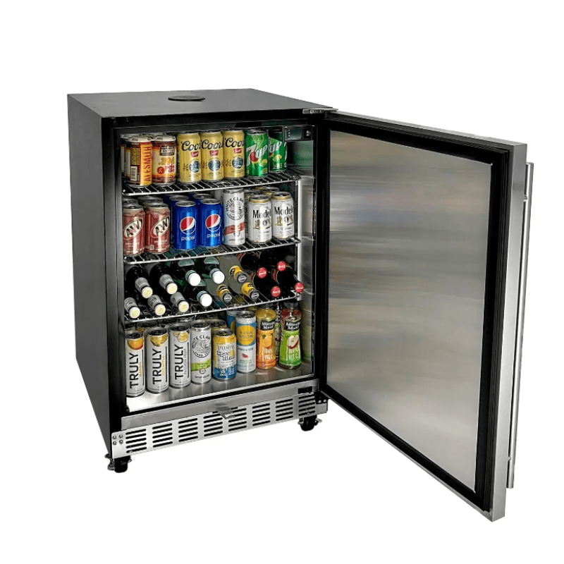 Kegco 24" Wide Triple Tap Stainless Steel Built-In Right Hinge Kegerator with Kit - bottles and cans inside kegerator