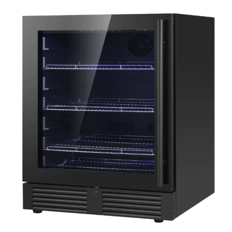 KingsBottle 24 Inch Under Counter LOW-E Glass Door Beer Fridge, Black, LHH - front view with glass door closed