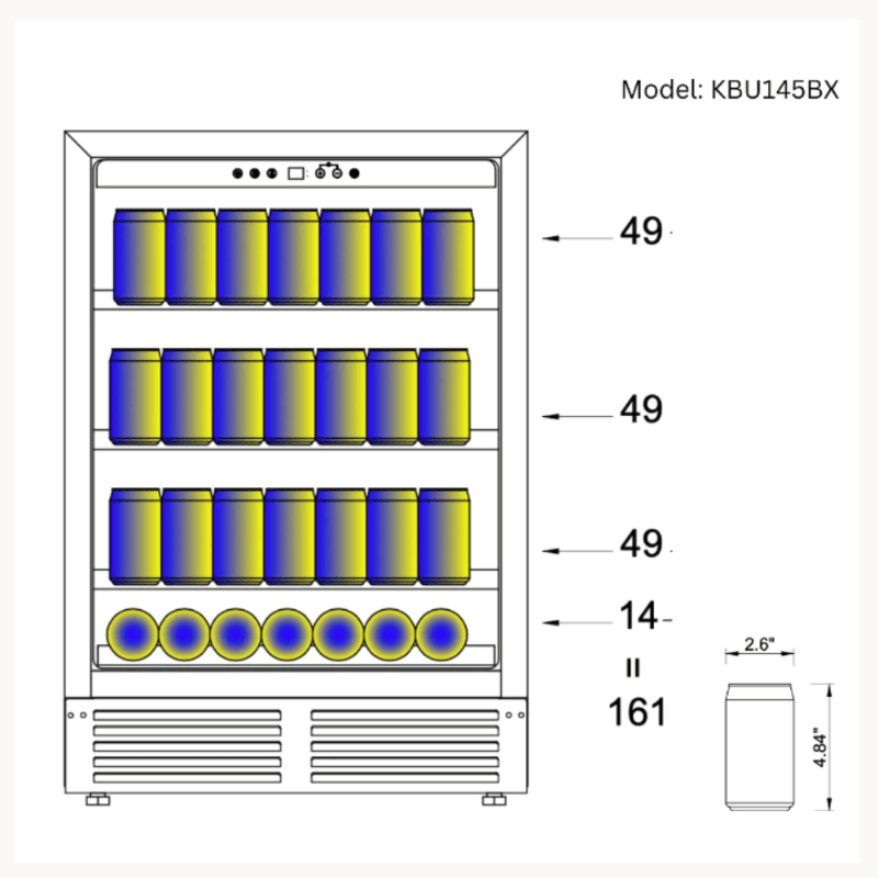 KingsBottle 24 Inch Under Counter LOW-E Glass Door Beer Fridge, Black, LHH - illustration showing how 161 bottles stored