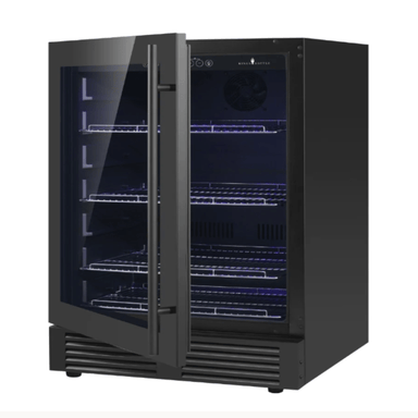 KingsBottle 24 Inch Under Counter LOW-E Glass Door Beer Fridge, Black, LHH - front view with door open showing shelves