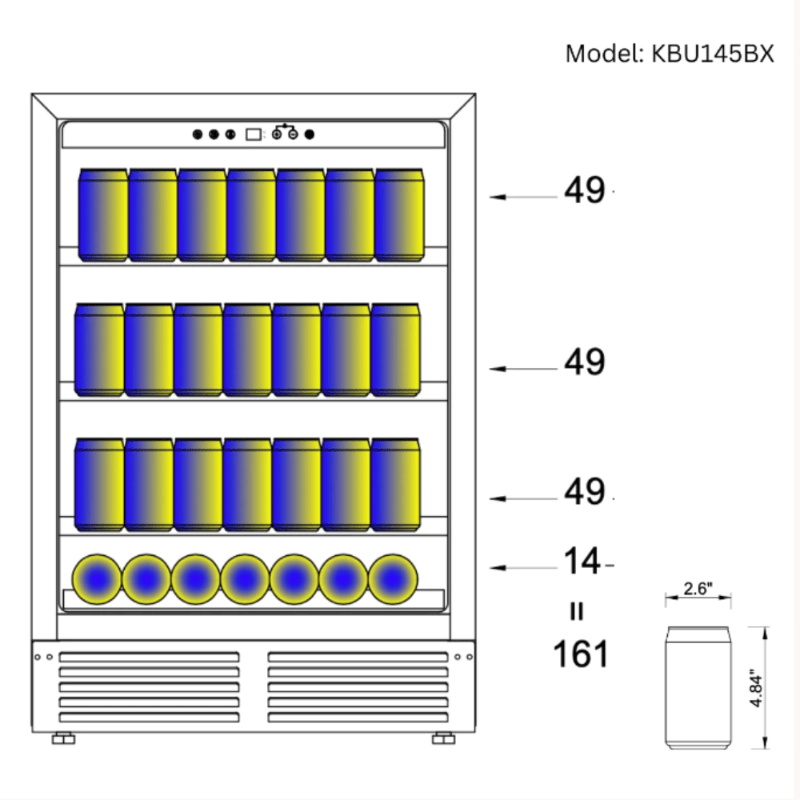KingsBottle 24 Inch Under Counter LOW-E Glass Door Beer & Beverage Fridge, Black, RHH - showing bottle capacity