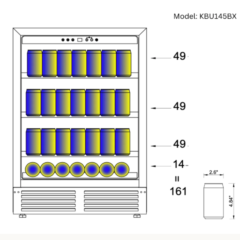 KingsBottle 24 Inch Under Counter LOW-E Glass Door Beer & Beverage Fridge, SS, LHH - diagram showing bottle capacity