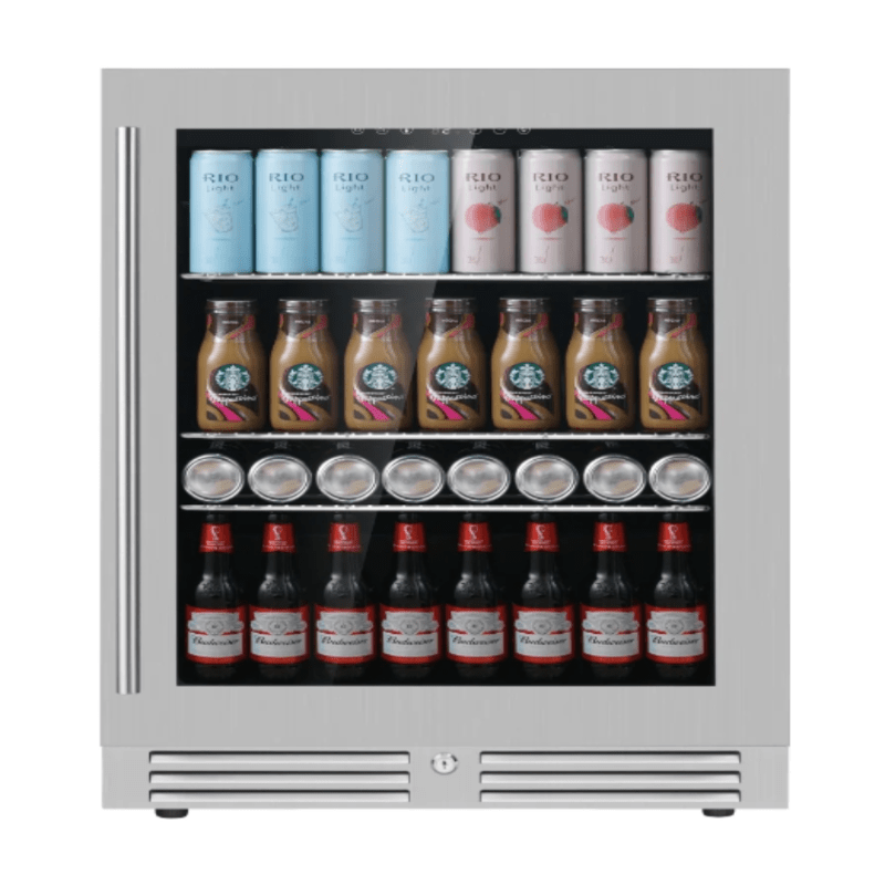 KingsBottle 24 Inch Under Counter LOW-E Glass Door Beer & Beverage Fridge, SS, RHH - front view with bottles inside