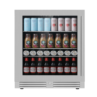 KingsBottle 24 Inch Under Counter LOW-E Glass Door Beer & Beverage Fridge, SS, LHH - front view with bottles inside