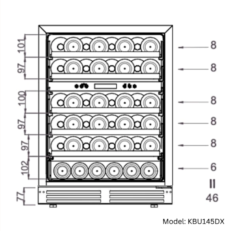 KingsBottle 24 Inch Under Counter LOW-E Glass Door Dual Zone Wine Cooler, BLK, RHH - diagram showing bottle count