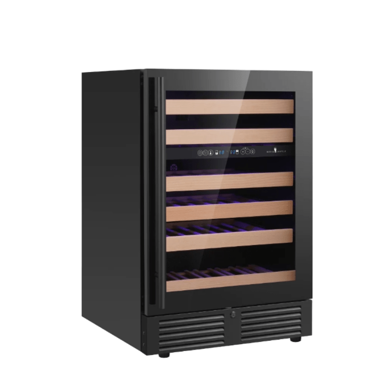 KingsBottle 24 Inch Under Counter LOW-E Glass Door Dual Zone Wine Cooler, BLK, RHH - front view