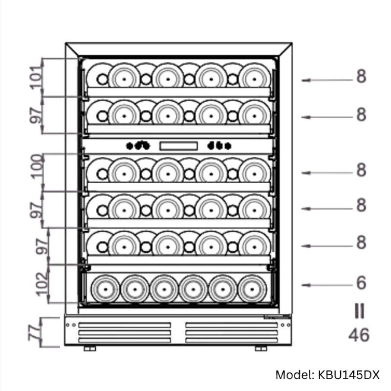 KingsBottle 24 Inch Under Counter LOW-E Glass Door Dual Zone Wine Cooler, SS, RHH - diagram of bottle count