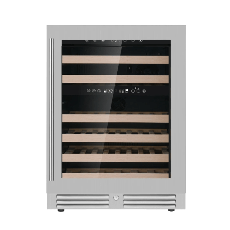 KingsBottle 24 Inch Under Counter LOW-E Glass Door Dual Zone Wine Cooler, SS, RHH - front view