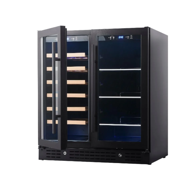 KingsBottle 30" Combination Beer and Wine Cooler with Low-E Glass Door, BLK - front view with one door open