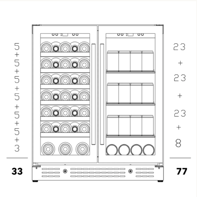 KingsBottle 30" Combination Beer and Wine Cooler with Low-E Glass Door, SS - diagram showing can and bottle capacity