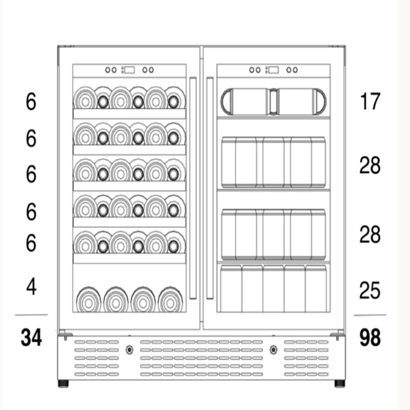 36" Beer and Wine Cooler Combination with Low-E Glass Door BLK - diagram showing bottle and can capacity