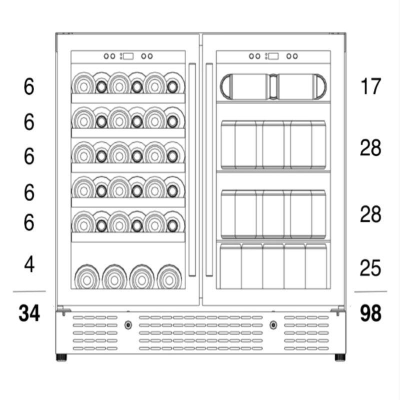 KingsBottle 36" Beer and Wine Cooler Combination with Low-E Glass Door SS - diagram showing bottle and can capacity