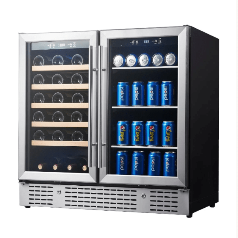 KingsBottle 36" Beer and Wine Cooler Combination with Low-E Glass Door SS - front view filled with wine bottles and beverage cans