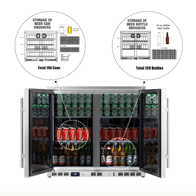 KingsBottle 36 Inch Heating Glass 2 Door Beverage Fridge, KBU56M