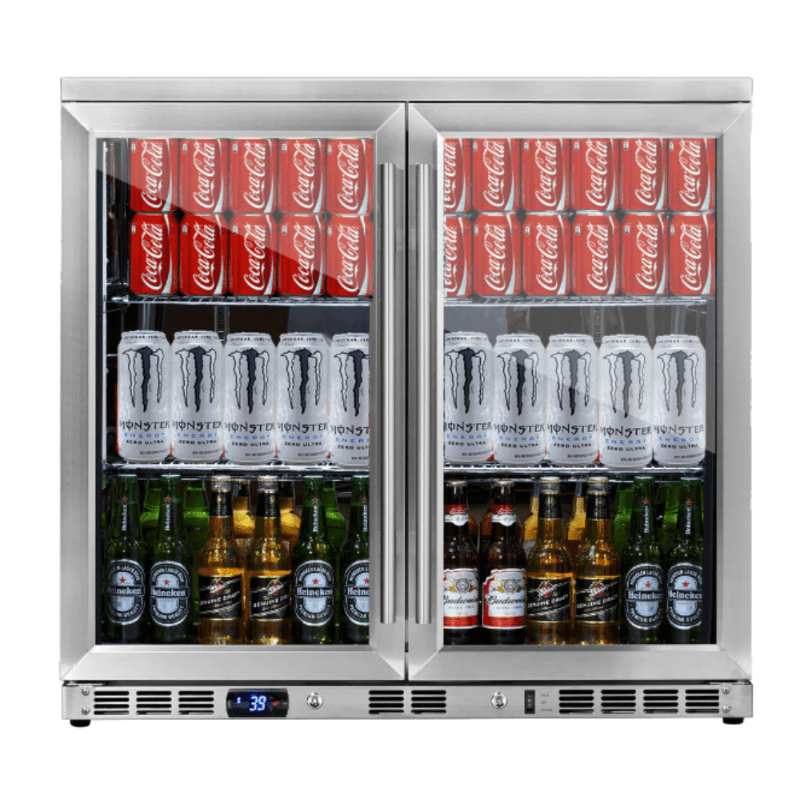 KingsBottle 36 Inch Heating Glass 2 Door Built In Beverage Fridge - front view with bottles and cans inside