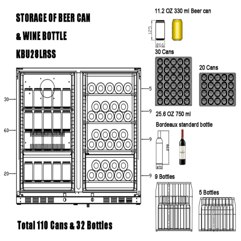 KingsBottle 39 Inch Under Counter Wine And Beer Fridge Combo, KBU28LRX-BLK