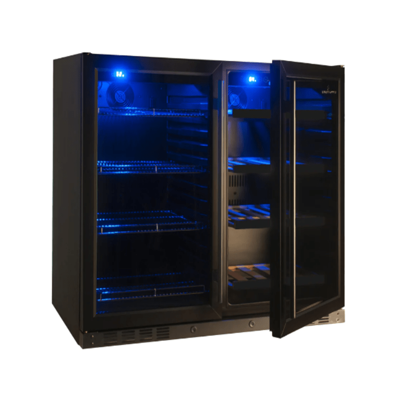 KingsBottle 39 Inch Under Counter Wine And Beer Fridge Combo, BLK - front view with one door open