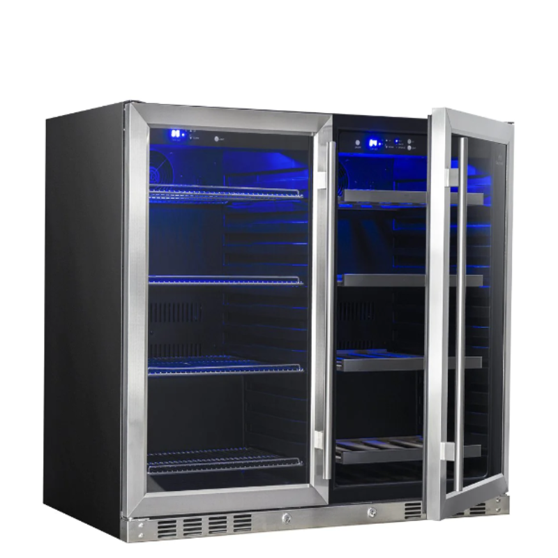 KingsBottle 39 Inch Under Counter Wine And Beer Fridge Combo, SS - front view with one door open