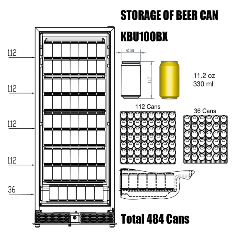 KingsBottle 56" Upright Wine And Beverage Refrigerator Combo With Glass Door, SS - beer can storage diagram