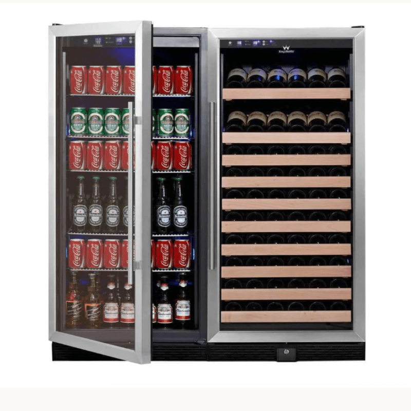 KingsBottle 56" Upright Wine And Beverage Refrigerator Combo With Glass Door, SS - front view with one door open