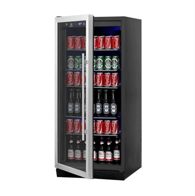 KingsBottle 56" Tall Beverage Fridge Center Freestanding, SS, LHH - front view with door open and cans and bottles inside