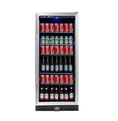 KingsBottle 56" Tall Beverage Fridge Center Freestanding, SS, RHH - front view with bottles and cans inside